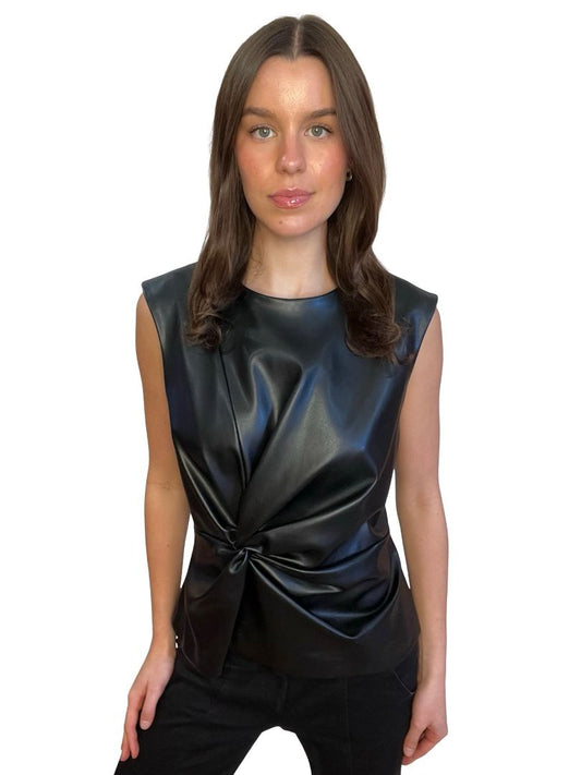 Bianca Spender Black 'Leatherette Illusion' Gathered Sleeveless Top. Size: 4