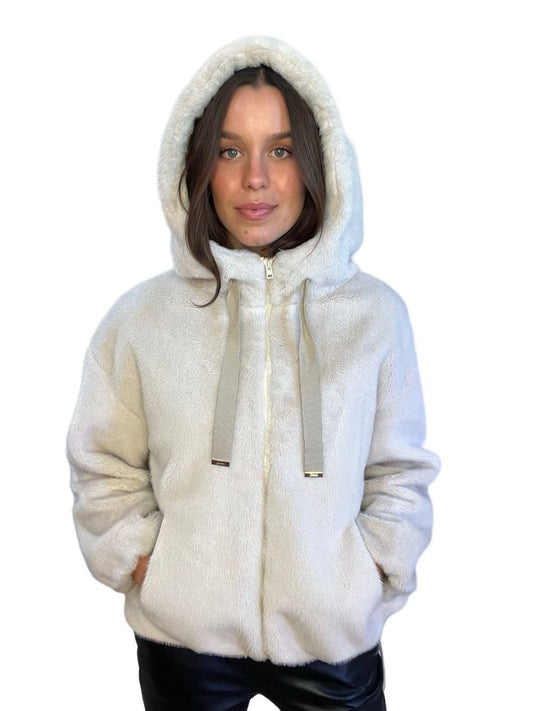 Herno Cream Faux Fur Hooded Jacket. Size: S-M