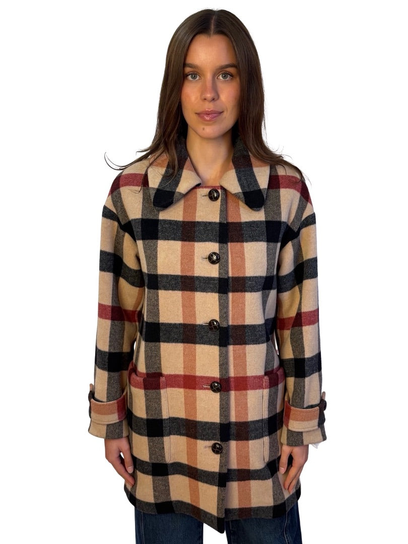 Husk Beige/Red Checkered Wool/Cashmere Coat. Size: XS