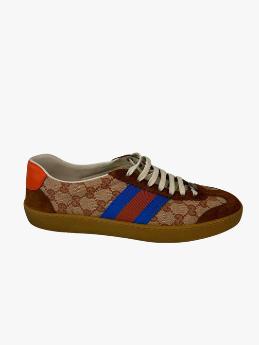 Gucci Brown/Beige G74 GG Canvas & Suede Web Low Sneakers. Size: 10.5