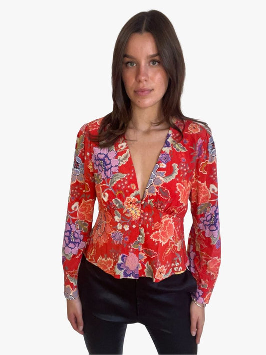 Rixo Red Floral Print Plunge Blouse Top. Size: 12