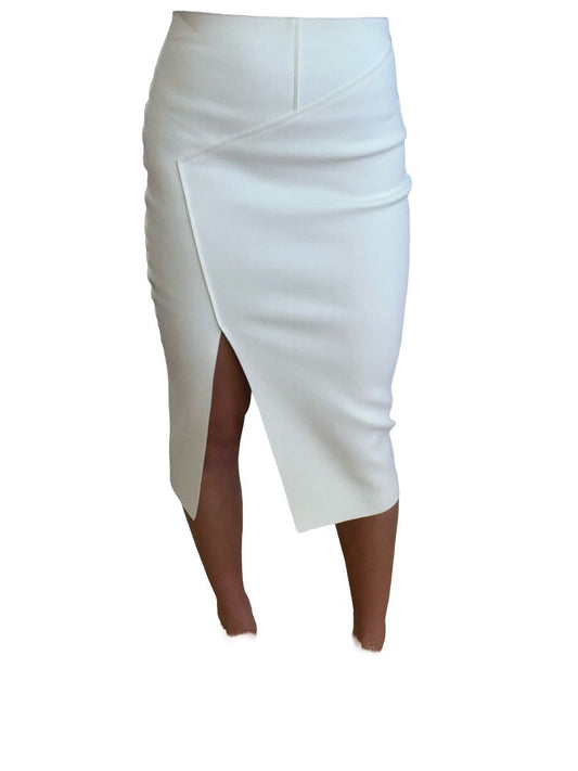 Scanlan Theodore White Neoprene Skirt w Side Slit. Size: 8