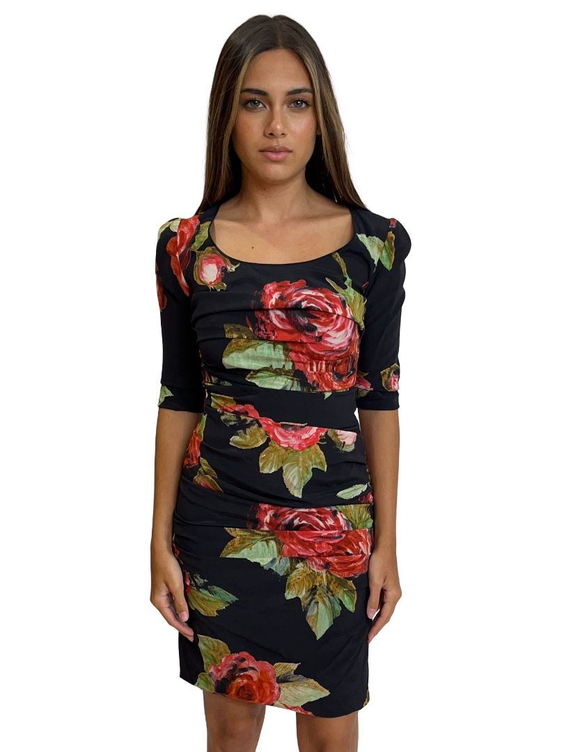 Dolce & Gabbana Black/Red Scoop Neck Floral Silk Dress. Size: 38