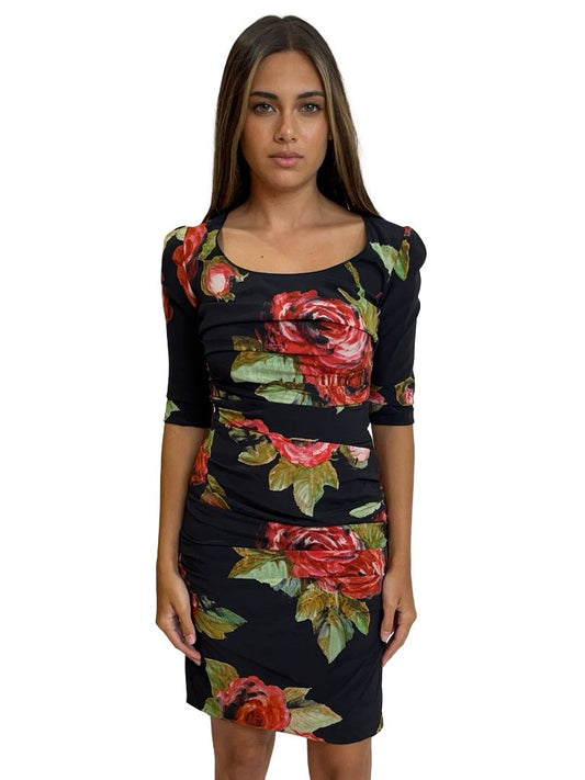 Dolce & Gabbana Black/Red Scoop Neck Floral Silk Dress. Size: 38