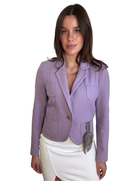 Calvin Klein Purple Wool Blazer with Gem Button & Bow. Size: M