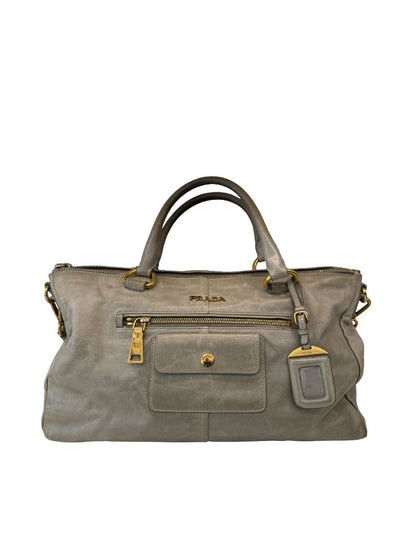 Prada Grey Vintage Leather Shoulder Tote Bag.