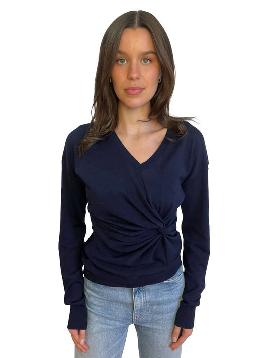 Stella McCartney Navy Wool Long Sleeve Twist Top. Size: 44