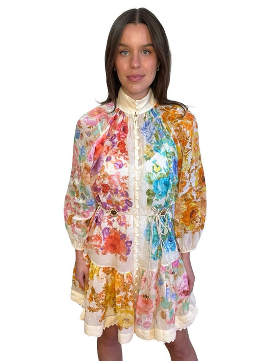 Zimmermann Multi-Colour Long Sleeve Mini Dress w/ Belt. Size: 1