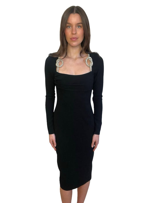 Rachel Gilbert Black Square Neck Dress w/ Embellished Knot. Size: 1