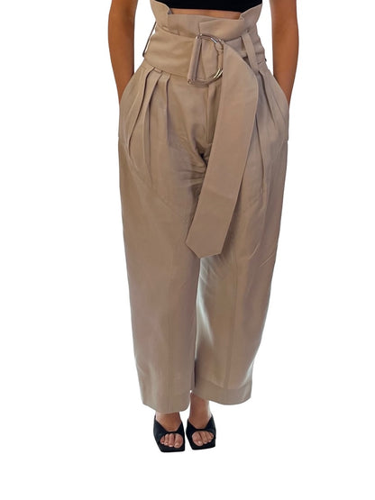 J.W Anderson Neutral Pleated Waist Wide Leg Pants w/ Thick Belt. Size: 4