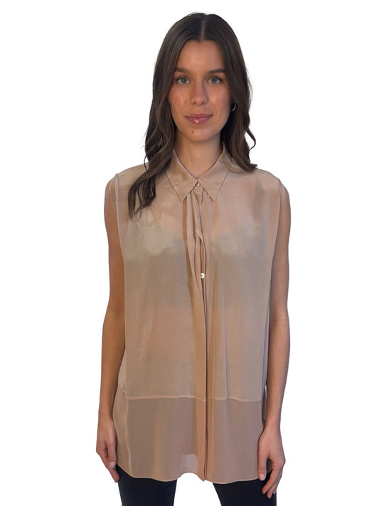 Acne Blush Half Sheer Silk Sleeveless Shirt. Size: 38