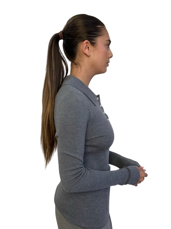 Husk Grey Extrafine Merino Long Sleeve Polo. Size: S