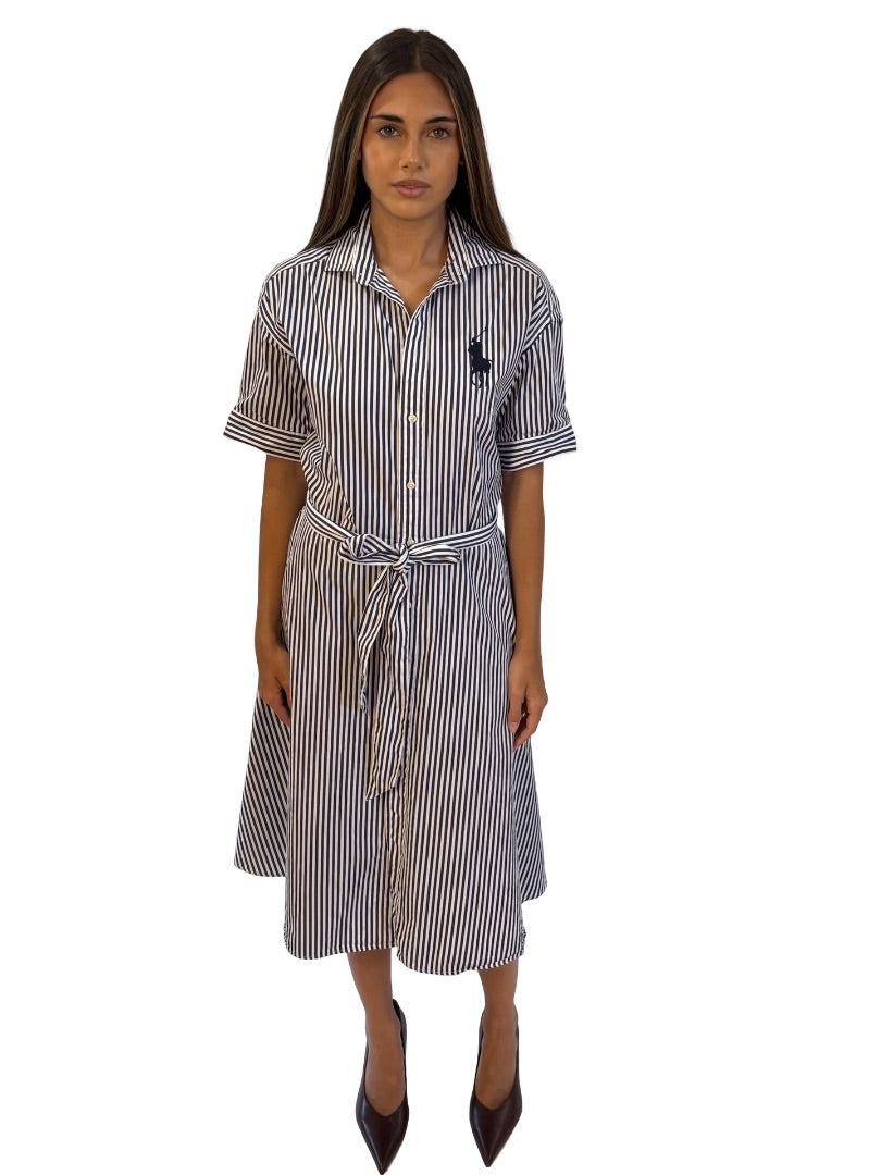 Ralph Lauren Navy / White Striped Cotton Midi Shirt Dress. Size: 6