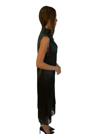 Camilla & Marc Olive Satin 'Marisol Midi' Dress W Fringe Hem. Size: 8