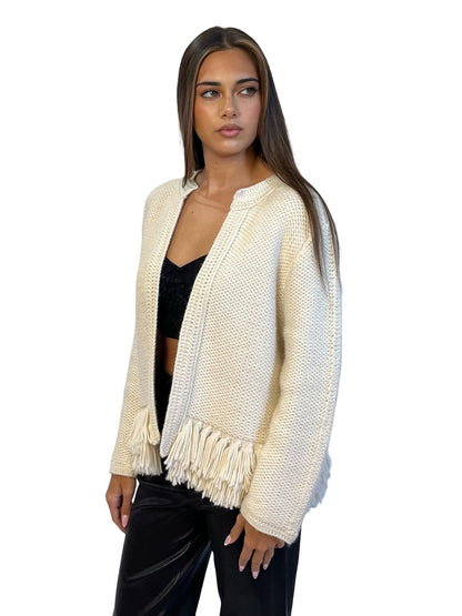 Vanessa Bruno Cream Baby Alpaca Knit Jacket w/ Fringe Waist Band. Size: L