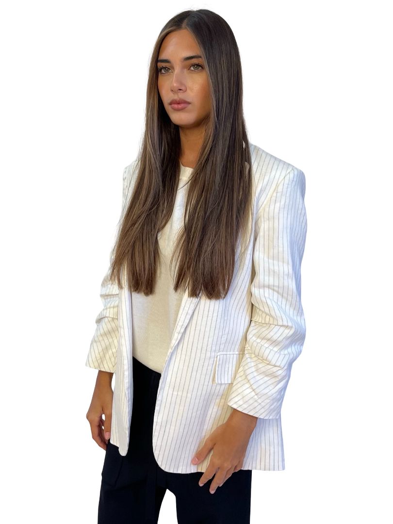 Frame Cream Pinstripe Linen Blazer. Size: S/P