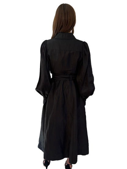 Aje Black Linen 'Tasmin' Belted Midi Dress. Size: 14