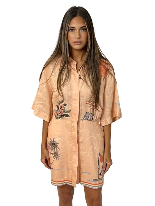 Alemais Apricot Linen Printed Shirt Dress. Size: 10