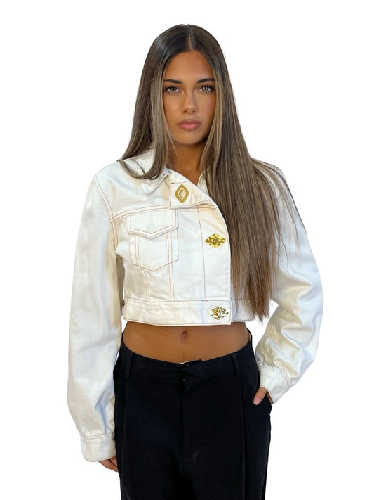 Ganni White Cropped Denim Jacket W Gold Buttons. Size: 38