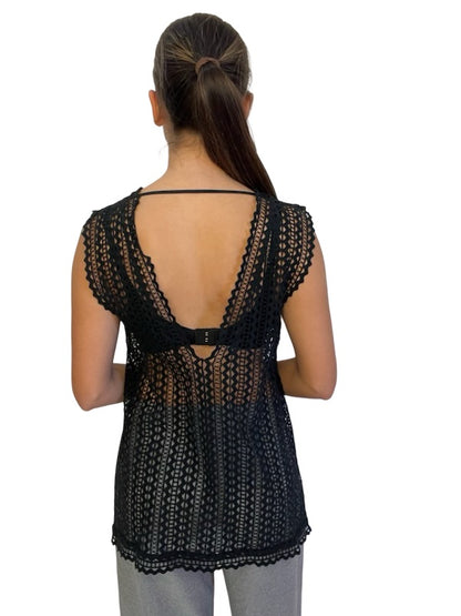 Scanlan Theodore Black Sleeveless Crochet-Look Top. Size: 8