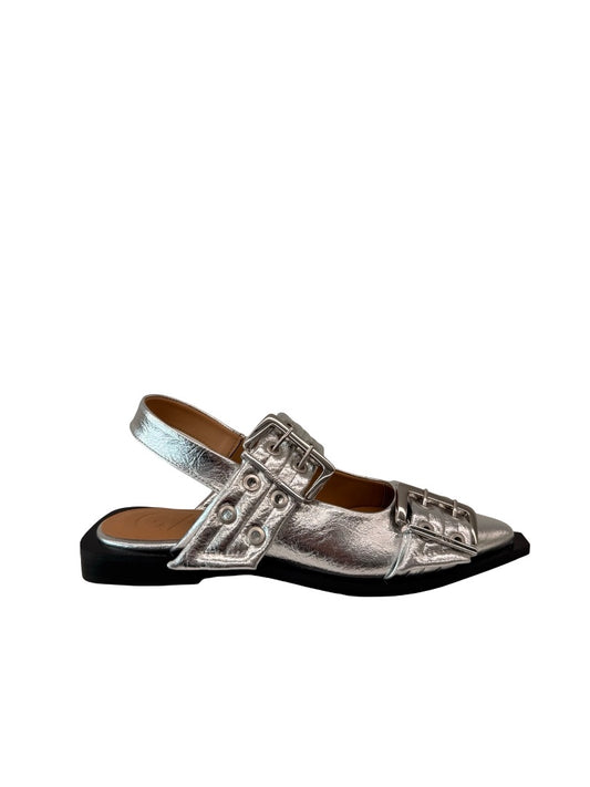 Ganni Silver Metallic Double Buckle Pointed Flats. Size: 37