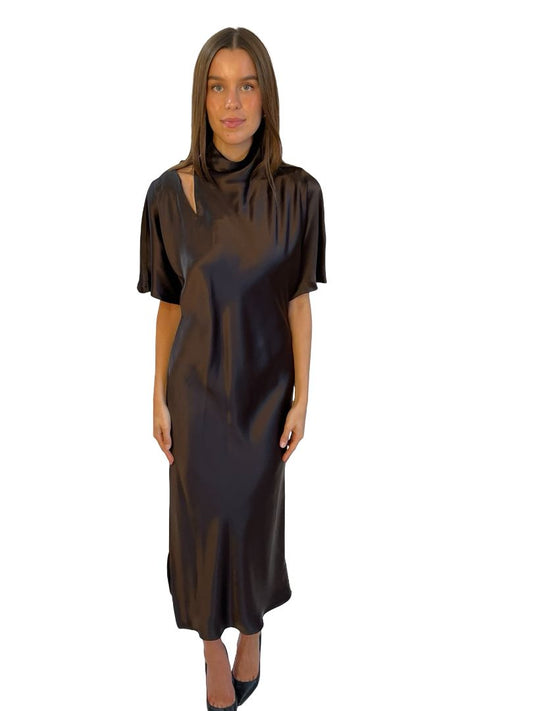 Camilla & Marc Chocolate 'Sorrell' Satin Maxi Dress W Shoulder Cutout Size: 8