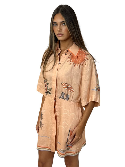 Alemais Apricot Linen Printed Shirt Dress. Size: 10