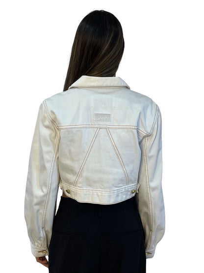 Ganni White Cropped Denim Jacket W Gold Buttons. Size: 38