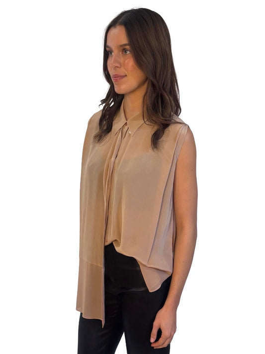 Acne Blush Half Sheer Silk Sleeveless Shirt. Size: 38
