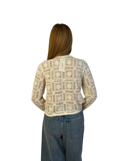 Frame Cream Square Crochet Knit Cardigan. Size: XS