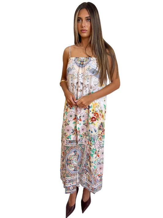 Camilla Multi-Colour Silk Print Strap Dress. Size: O/S