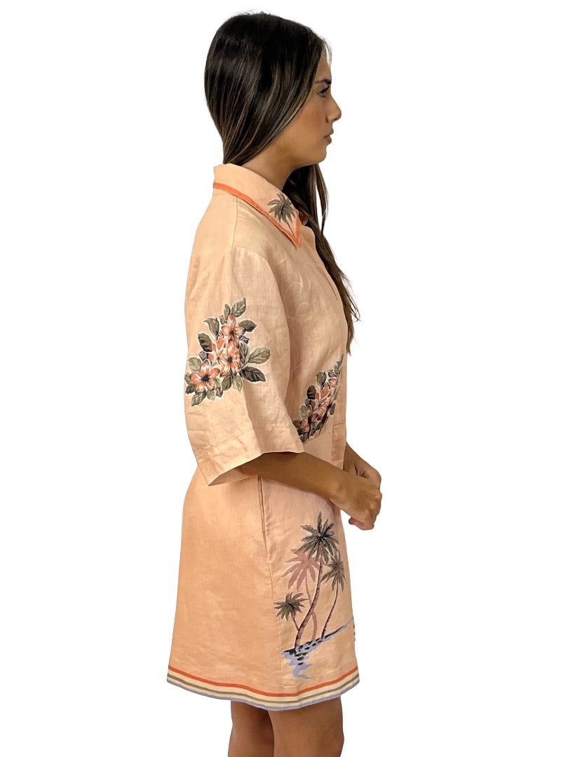 Alemais Apricot Linen Printed Shirt Dress. Size: 10