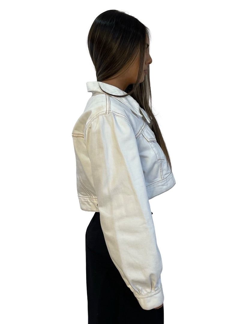 Ganni White Cropped Denim Jacket W Gold Buttons. Size: 38