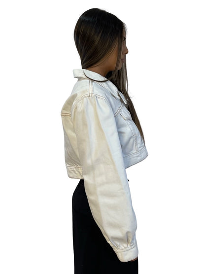 Ganni White Cropped Denim Jacket W Gold Buttons. Size: 38