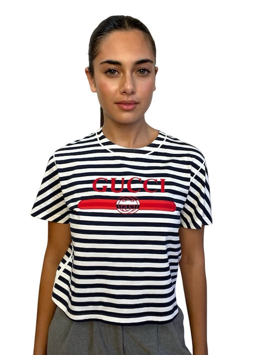 Gucci Navy / White Striped T-Shirt w/ Red Logo. Size: S