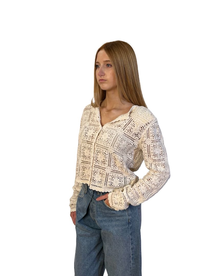 Frame Cream Square Crochet Knit Cardigan. Size: XS