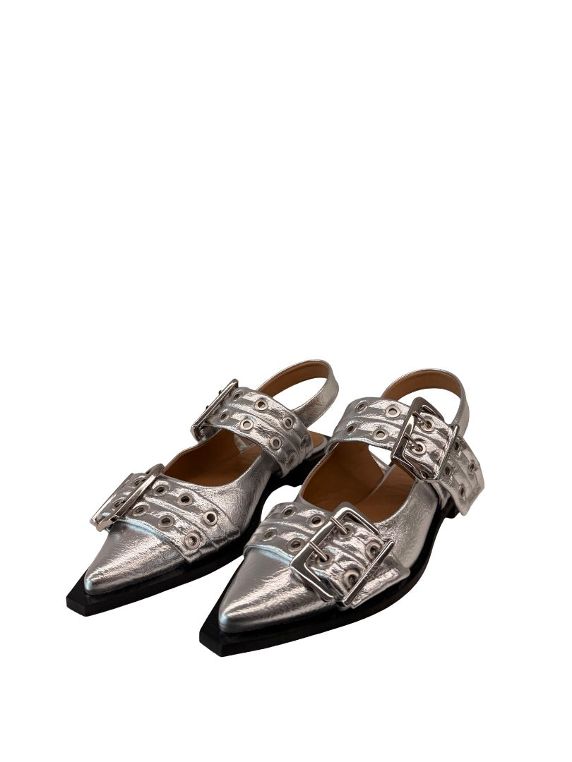 Ganni Silver Metallic Double Buckle Pointed Flats. Size: 37