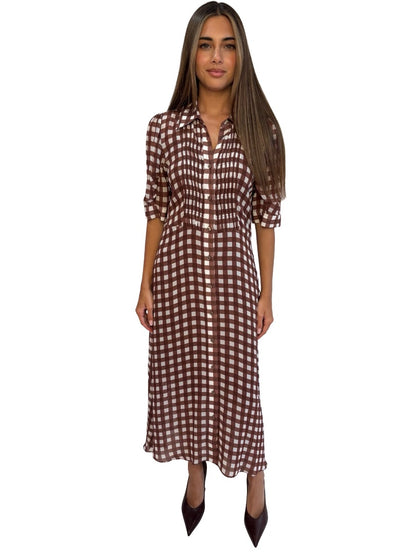 Lee Mathews Brown Checkered Sheer Dress W Slip. Size: 00