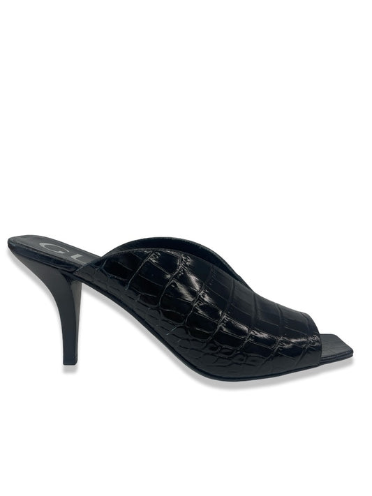 Gucci Black Croc Embossed Demi Mules. Size: 39
