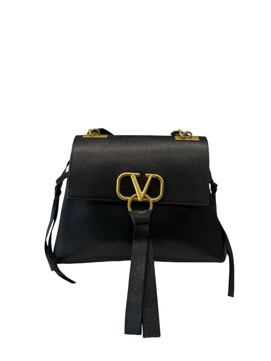 Valentino Garavani Black Leather V-Logo Ribbon Shoulder Bag.