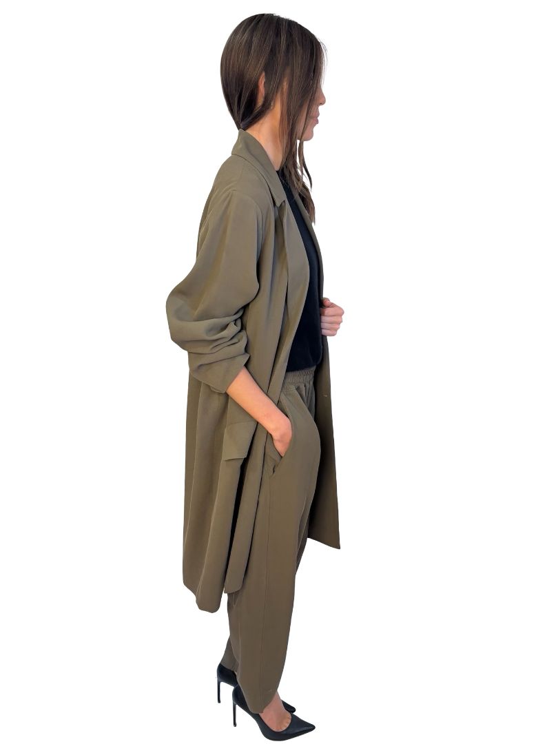 Bassike Khaki Coat & Pants Set. Size: 2