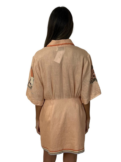 Alemais Apricot Linen Printed Shirt Dress. Size: 10