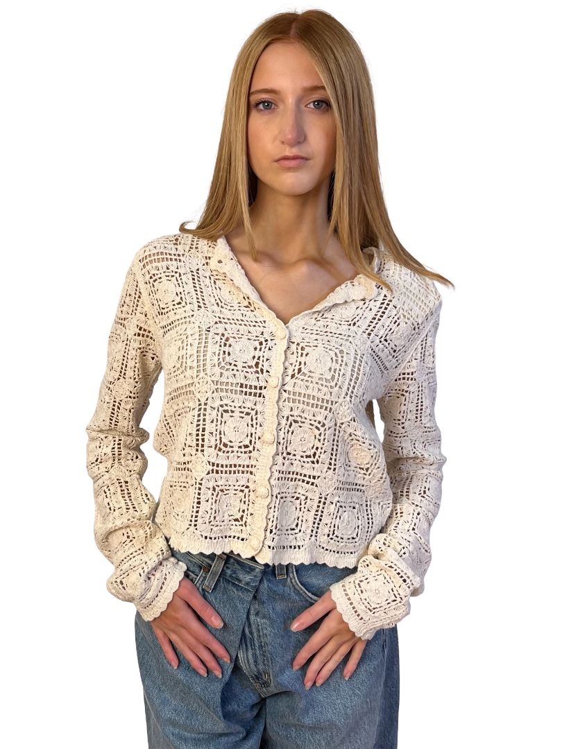 Frame Cream Square Crochet Knit Cardigan. Size: XS