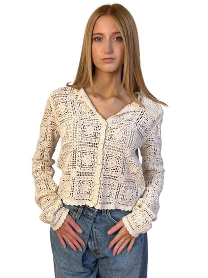 Frame Cream Square Crochet Knit Cardigan. Size: XS