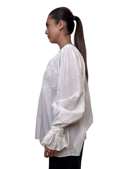 Aje White V Neck Puff Shirt W Gold Buttons. Size: S