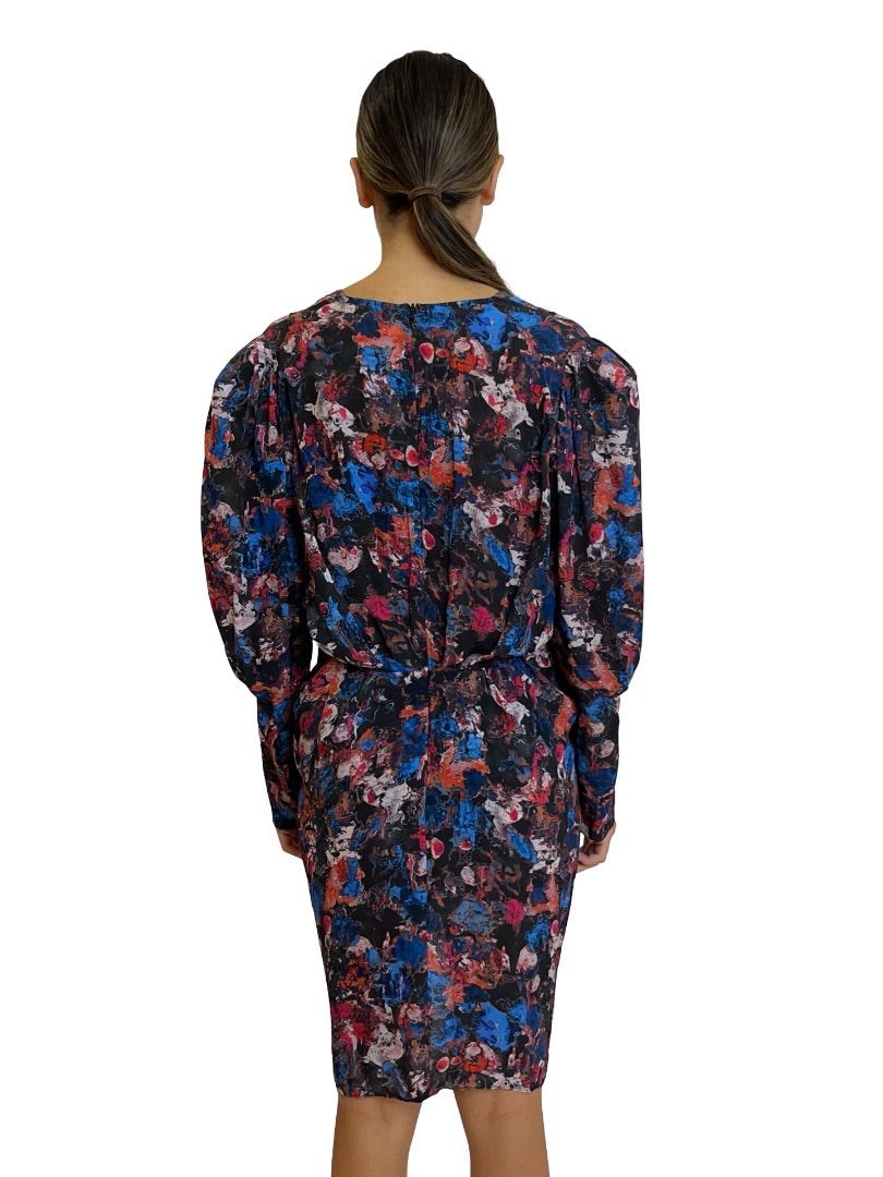 IRO Blue/Pink Floral Gathered Dress. Size: 36