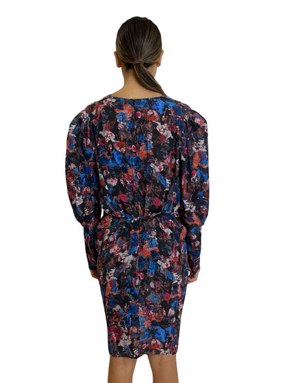 IRO Blue/Pink Floral Gathered Dress. Size: 36