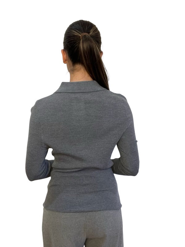 Husk Grey Extrafine Merino Long Sleeve Polo. Size: S