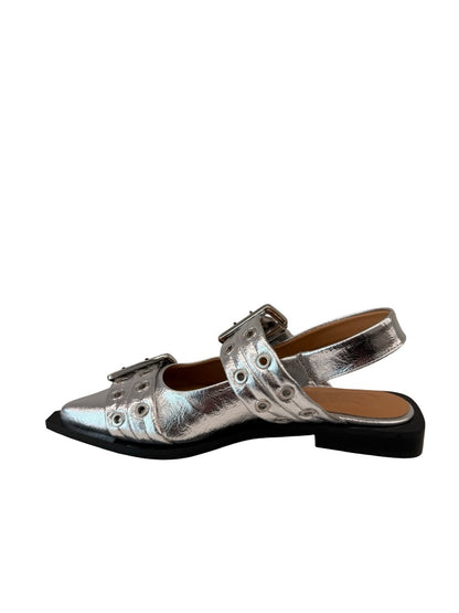 Ganni Silver Metallic Double Buckle Pointed Flats. Size: 37