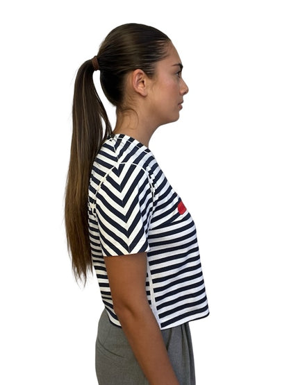 Gucci Navy / White Striped T-Shirt w/ Red Logo. Size: S